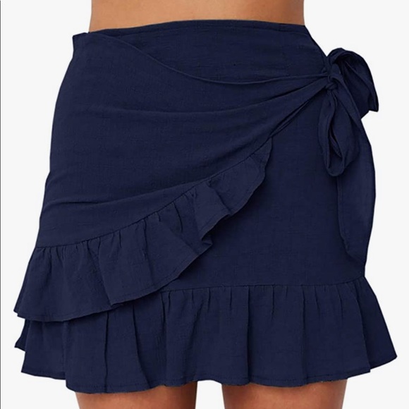 navy side tie ruffle mini skirt